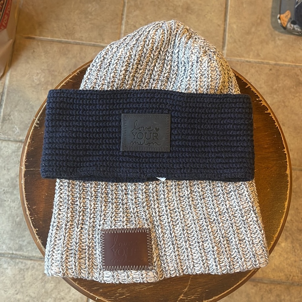 Love Your Melon Gray and Navy Beanie and Navy Headband- Winter- Unisex